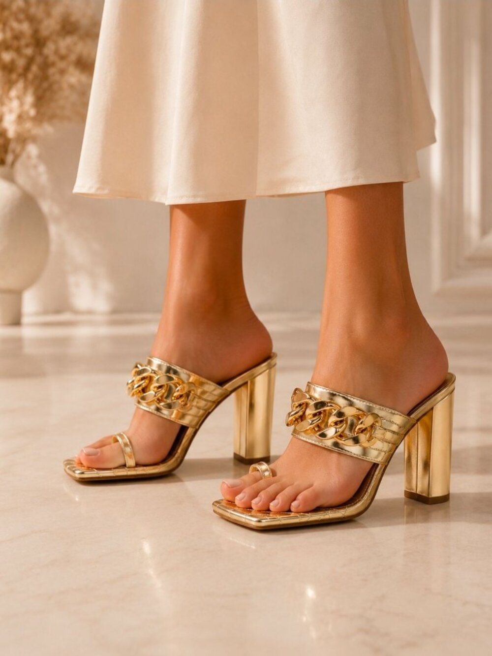Gold Block Heel Chain Quilted Open Toe Mules For Women By Lovmark